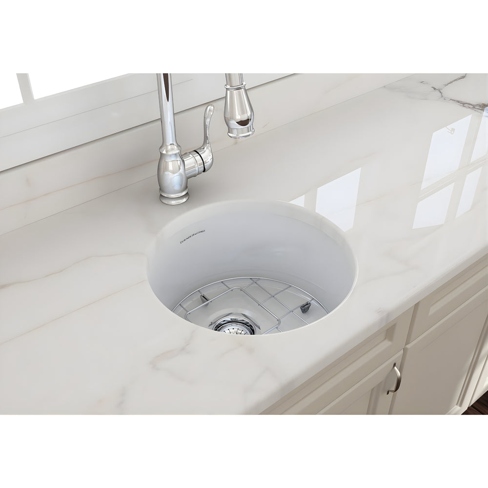 TURNER HASTINGS CUISINE ROUND INSET AND UNDERMOUNT FINE FIRECLAY SINK GLOSS WHITE 470MM