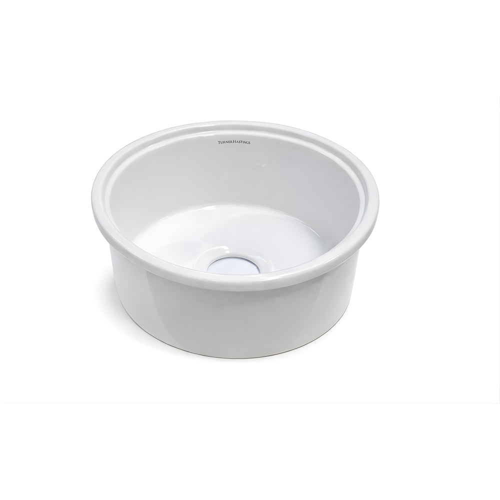 TURNER HASTINGS CUISINE ROUND INSET AND UNDERMOUNT FINE FIRECLAY SINK GLOSS WHITE 470MM