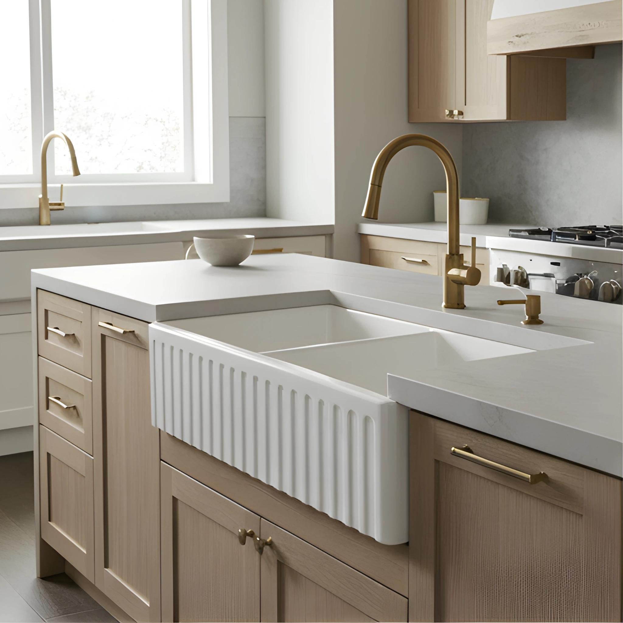 TURNER HASTINGS COVE FIRECLAY DOUBLE BOWL BUTLER SINK WITH OVERFLOW GLOSS WHITE 838MM