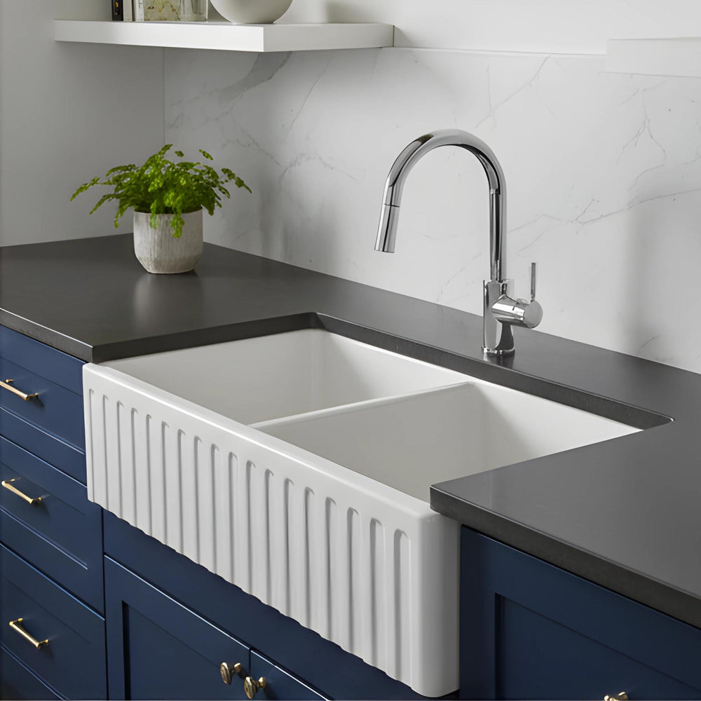 TURNER HASTINGS COVE FIRECLAY DOUBLE BOWL BUTLER SINK WITH OVERFLOW GLOSS WHITE 838MM