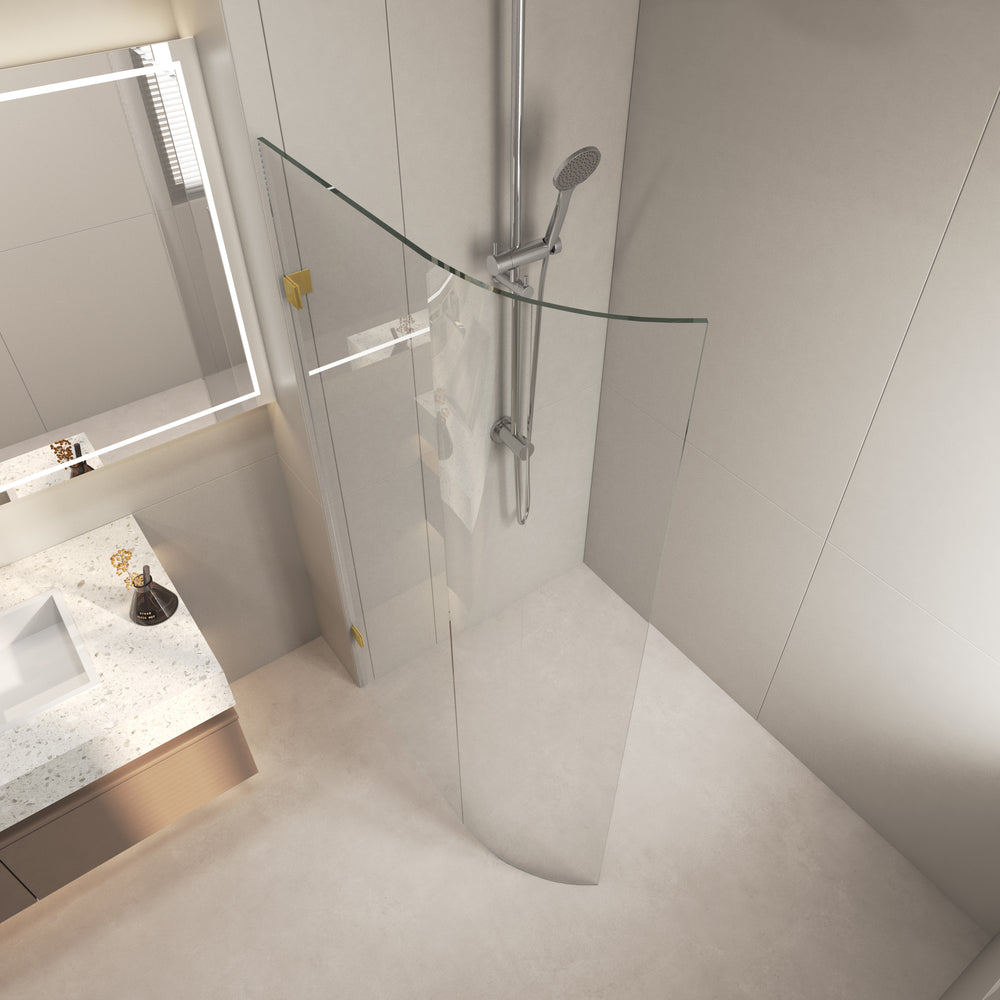 COVEY FRAMELESS WALK IN CURVED SINGLE PANEL SHOWER SCREEN BRUSHED GOLD