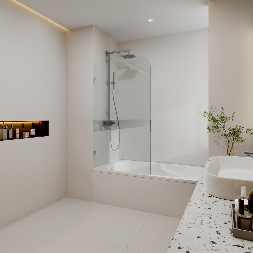 COVEY FIXED PANEL WITH CURVED CORNER BATH SCREEN BRUSHED NICKEL