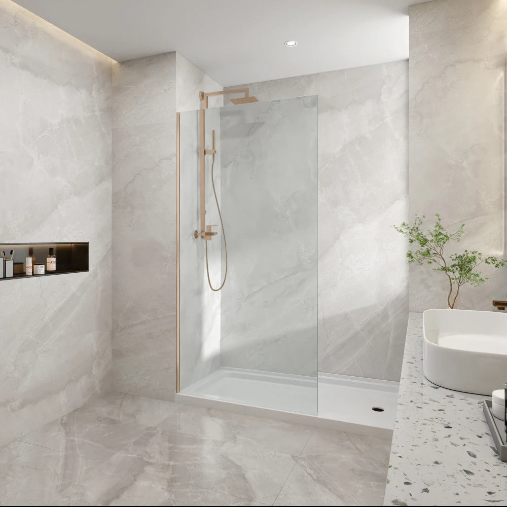 COVEY FRAMELESS WALK IN SINGLE PANEL WITH WALL CHANNEL BRUSHED BRONZE