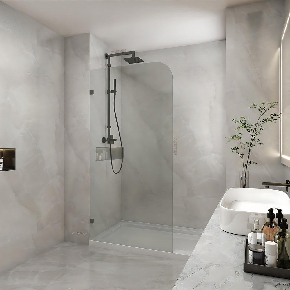COVEY FRAMELESS WALK IN SINGLE PANEL WITH CURVED CORNER SHOWER SCREEN GUN METAL
