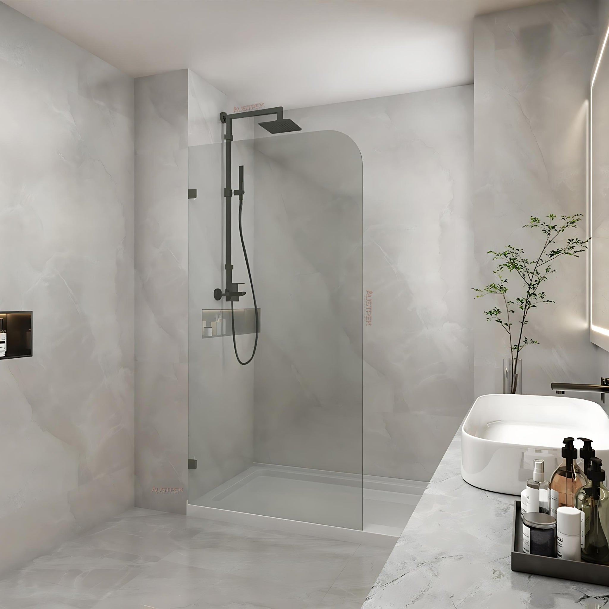 COVEY FRAMELESS WALK IN SINGLE PANEL WITH CURVED CORNER SHOWER SCREEN GUN METAL