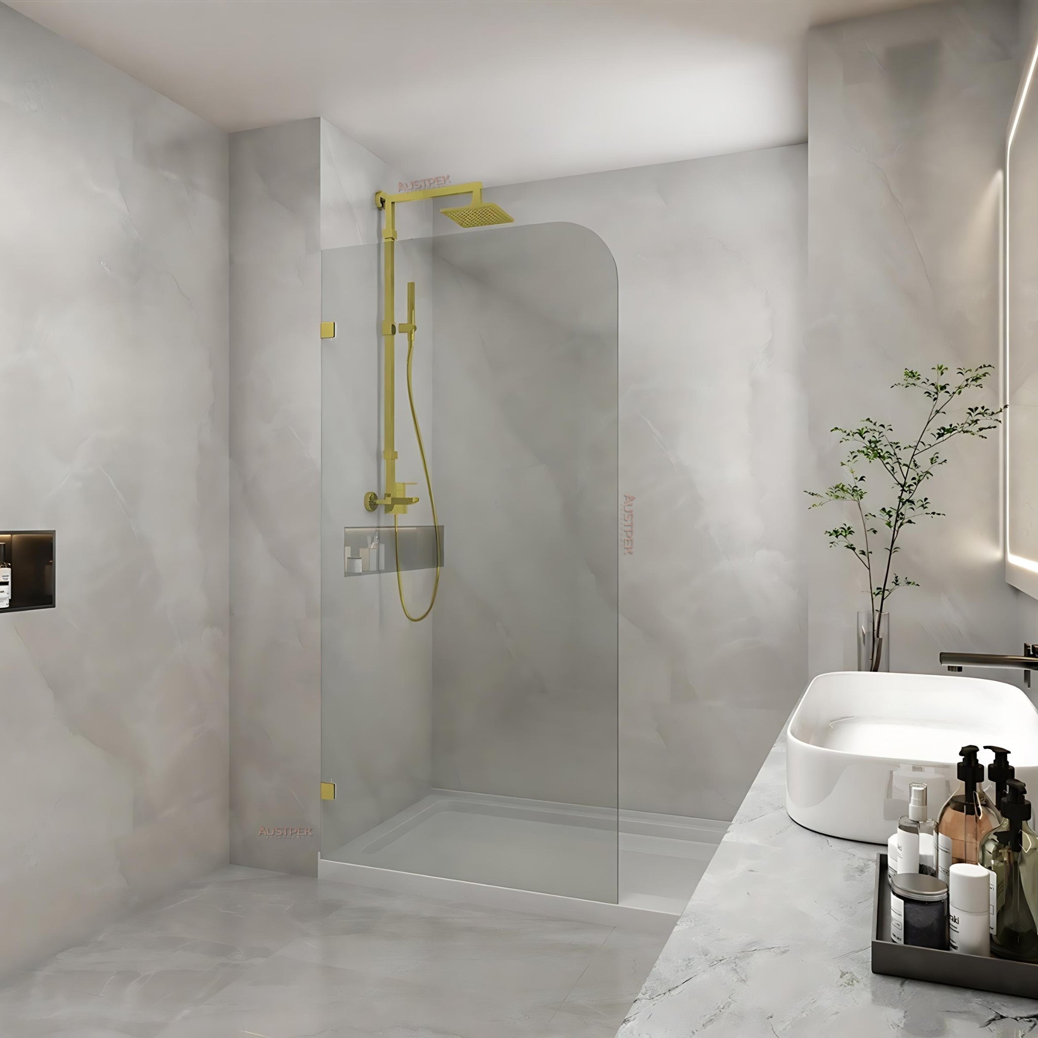COVEY FRAMELESS WALK IN SINGLE PANEL WITH CURVED CORNER SHOWER SCREEN LIGHT GOLD