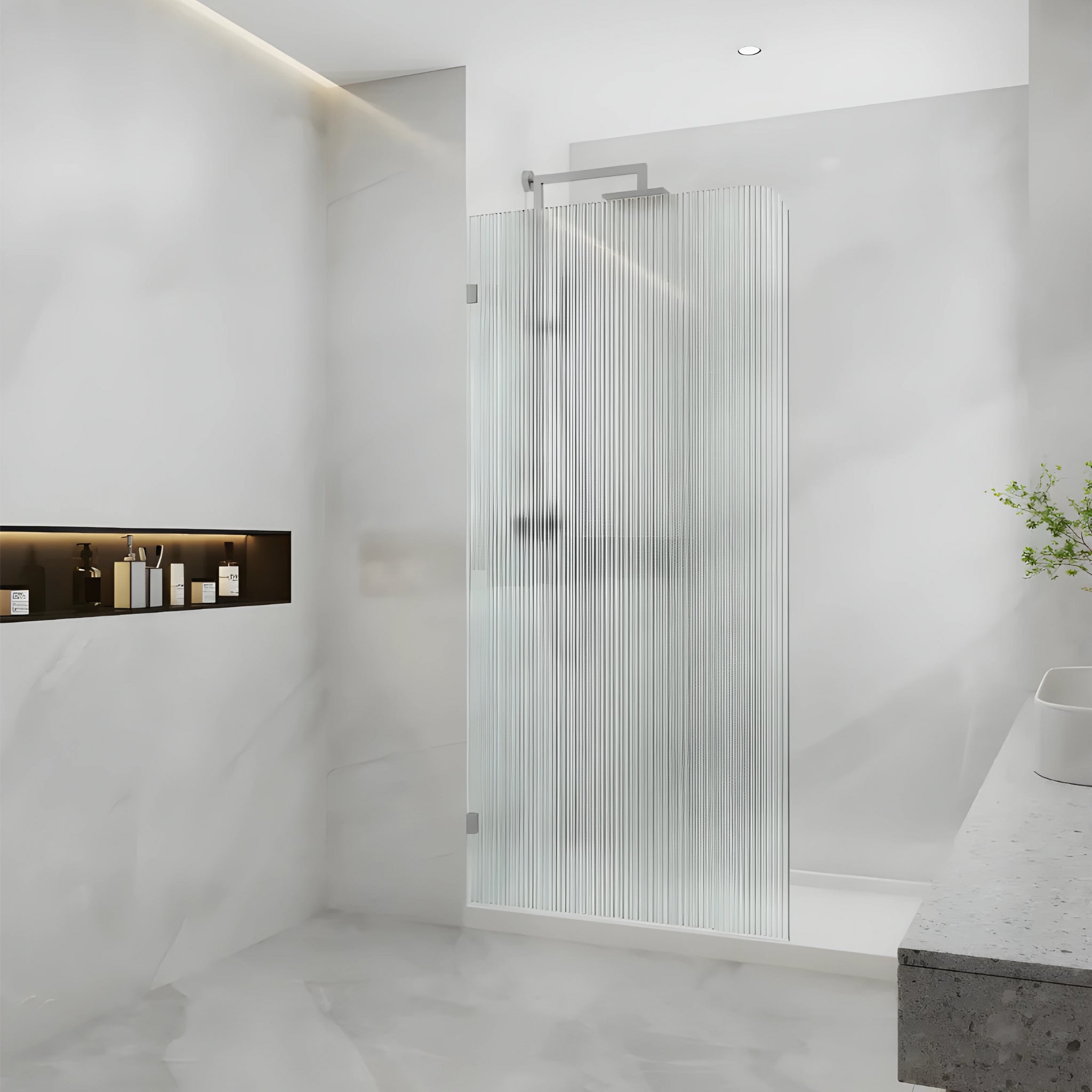 COVEY FRAMELESS WALK IN SINGLE PANEL CURVED CORNER FLUTED / NARROWLINE SHOWER SCREEN BRUSHED NICKEL