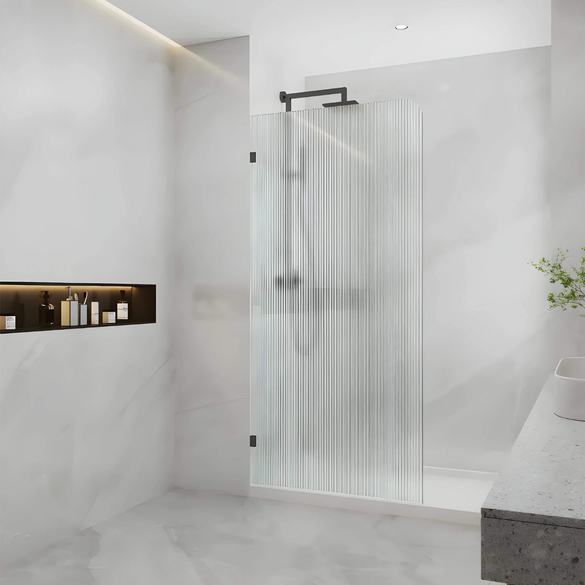 COVEY FRAMELESS WALK IN SINGLE PANEL CURVED CORNER FLUTED / NARROWLINE SHOWER SCREEN MATTE BLACK