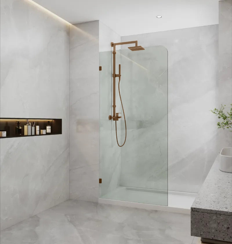 COVEY FRAMELESS WALK IN SINGLE PANEL WITH CURVED CORNER SHOWER SCREEN BRUSHED BRONZE