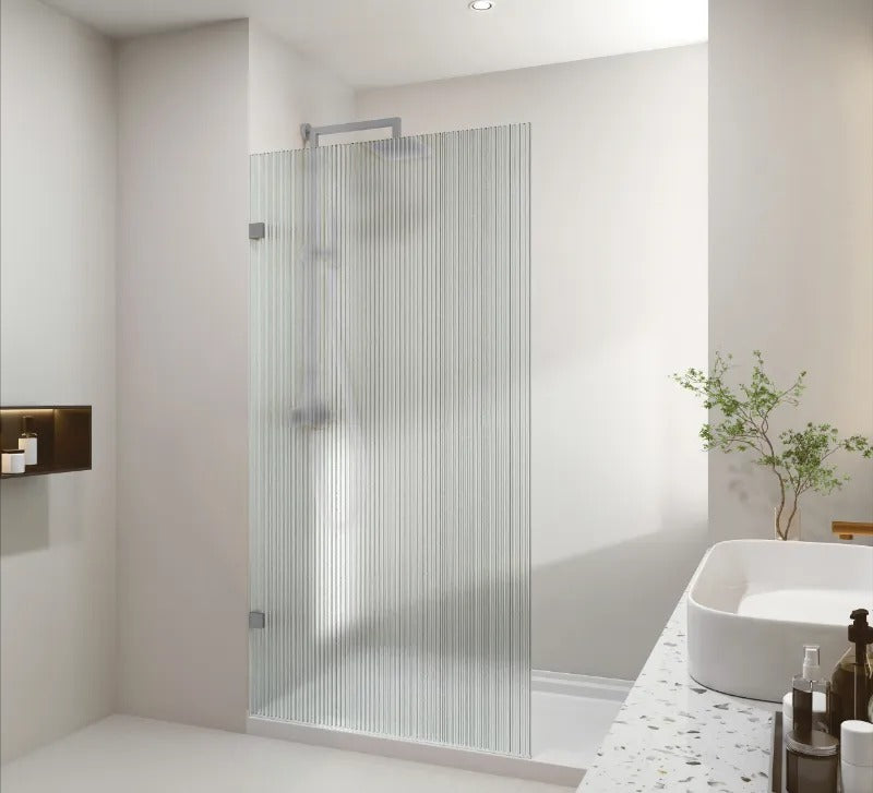 COVEY FRAMELESS WALK IN SINGLE PANEL NARROW LINE FLUTED GLASS SHOWER SCREEN BRUSHED NICKEL