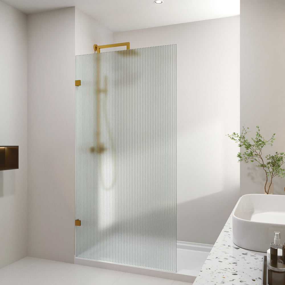 COVEY FRAMELESS WALK IN SINGLE PANEL NARROW LINE FLUTED GLASS SHOWER SCREEN BRUSHED GOLD