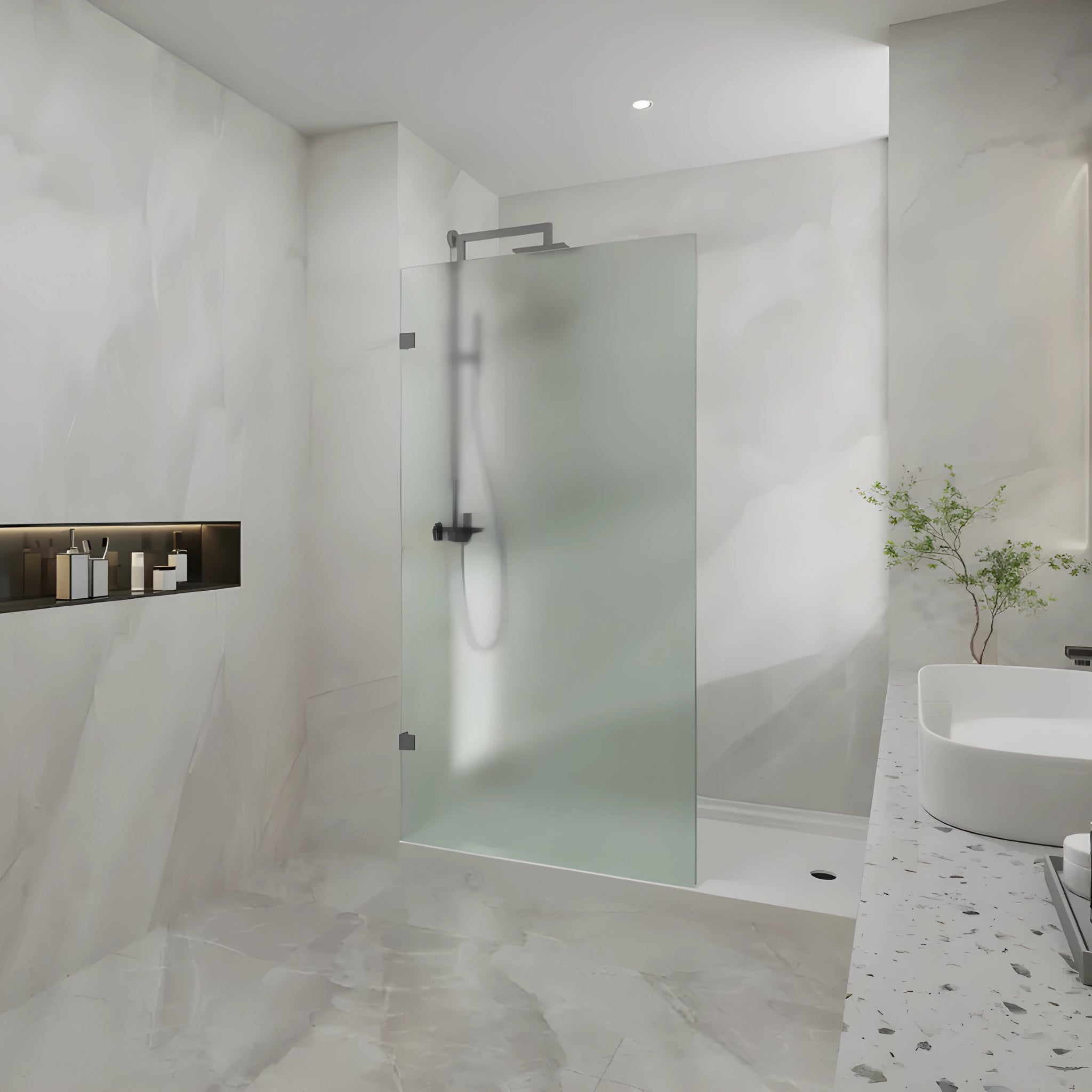 COVEY FRAMELESS WALK IN SINGLE PANEL FROSTED / MATRALUX SHOWER SCREEN GUN METAL