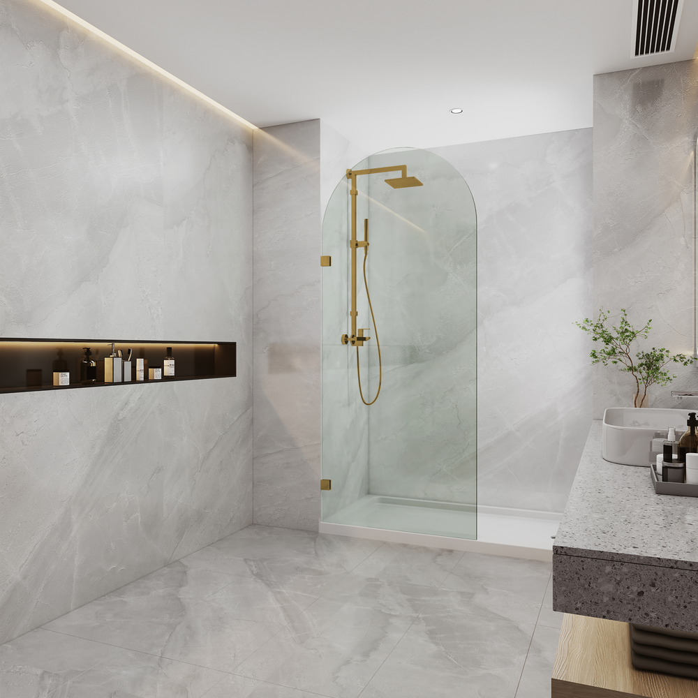COVEY FRAMELESS ARCH WALK IN SINGLE FIX PANEL SHOWER SCREEN BRUSHED GOLD