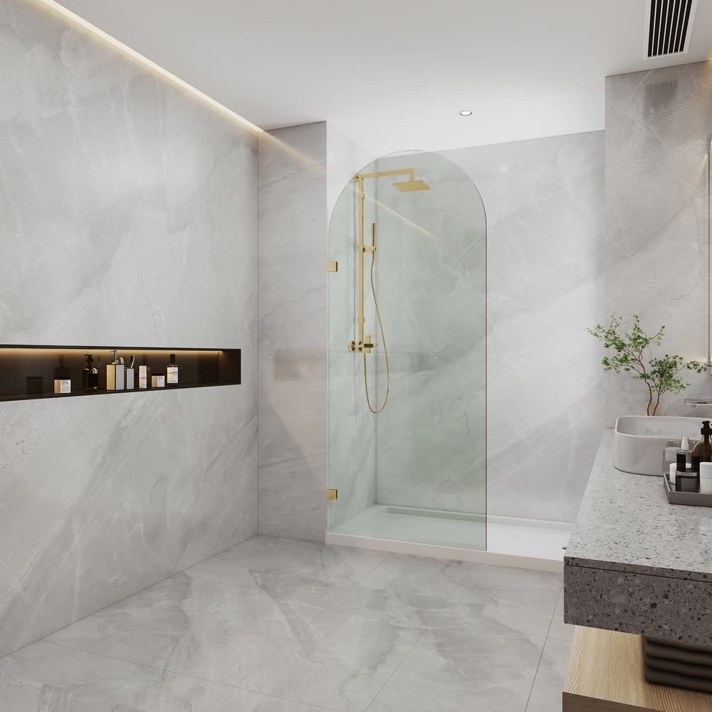 COVEY FRAMELESS ARCH WALK IN SINGLE FIX PANEL SHOWER SCREEN LIGHT GOLD