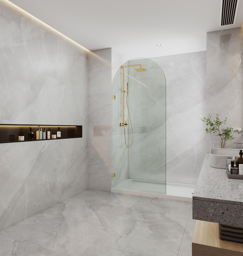 COVEY FRAMELESS ARCH WALK IN SINGLE FIX PANEL SHOWER SCREEN LIGHT GOLD
