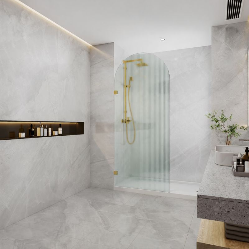COVEY FRAMELESS ARCH WALK IN SINGLE PANEL FLUTED / NARROWLINE GLASS SHOWER SCREEN BRUSHED GOLD