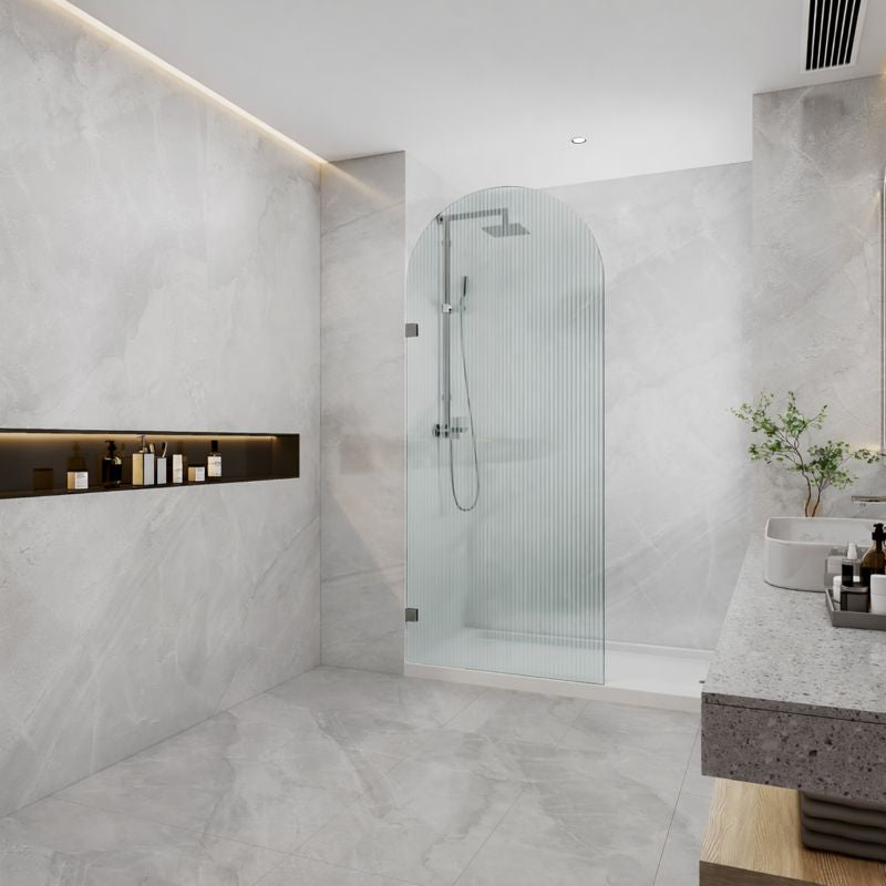 COVEY FRAMELESS ARCH WALK IN SINGLE PANEL FLUTED / NARROWLINE GLASS SHOWER SCREEN BRUSHED NICKEL