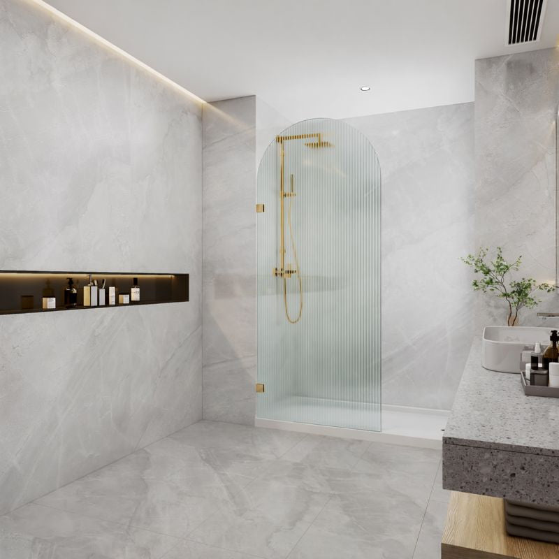 COVEY FRAMELESS ARCH WALK IN SINGLE PANEL FLUTED / NARROWLINE GLASS SHOWER SCREEN BRUSHED BRONZE
