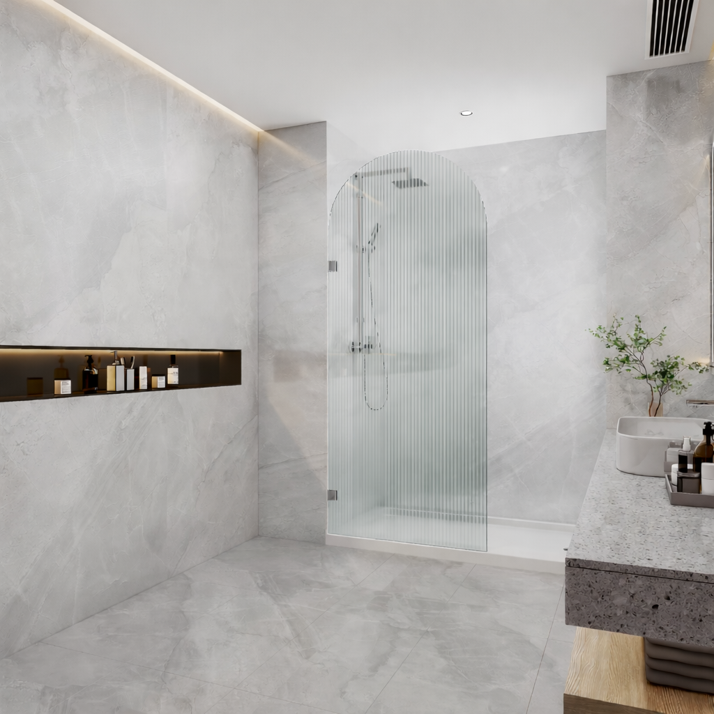 COVEY FRAMELESS ARCH WALK IN SINGLE PANEL FLUTED / NARROWLINE GLASS SHOWER SCREEN CHROME