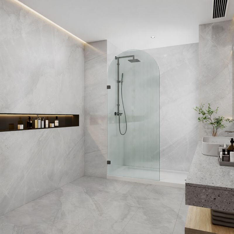 COVEY FRAMELESS ARCH WALK IN SINGLE PANEL FLUTED / NARROWLINE GLASS SHOWER SCREEN GUN METAL