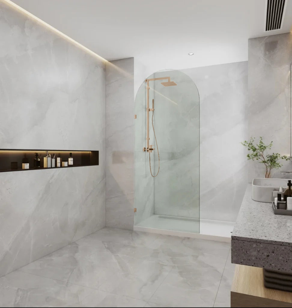 COVEY FRAMELESS ARCH WALK IN SINGLE FIX PANEL SHOWER SCREEN BRUSHED BRONZE