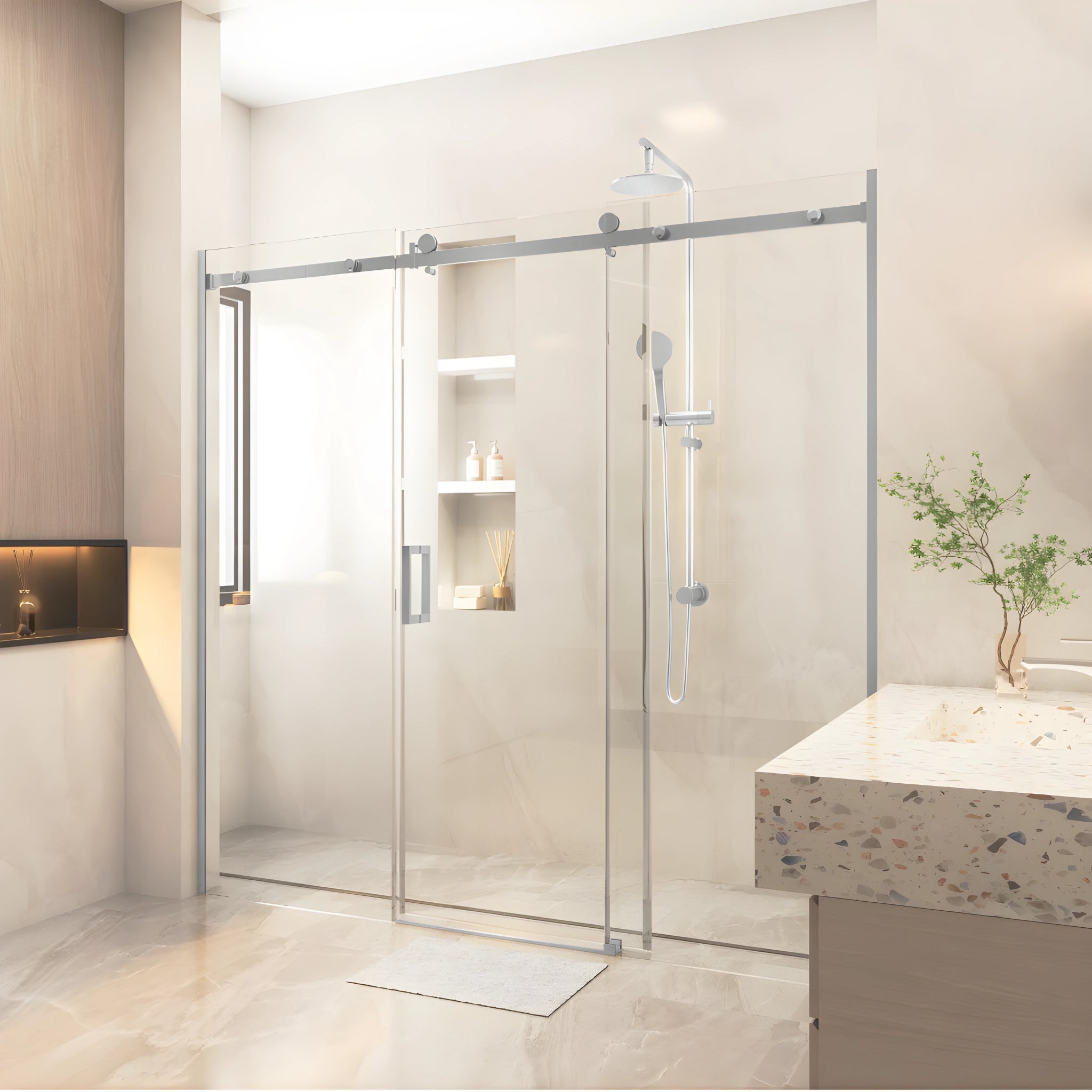 COVEY WALL TO WALL FRAMELESS 3 PANEL SINGLE SLIDING DOOR SHOWER SCREEN BRUSHED NICKEL
