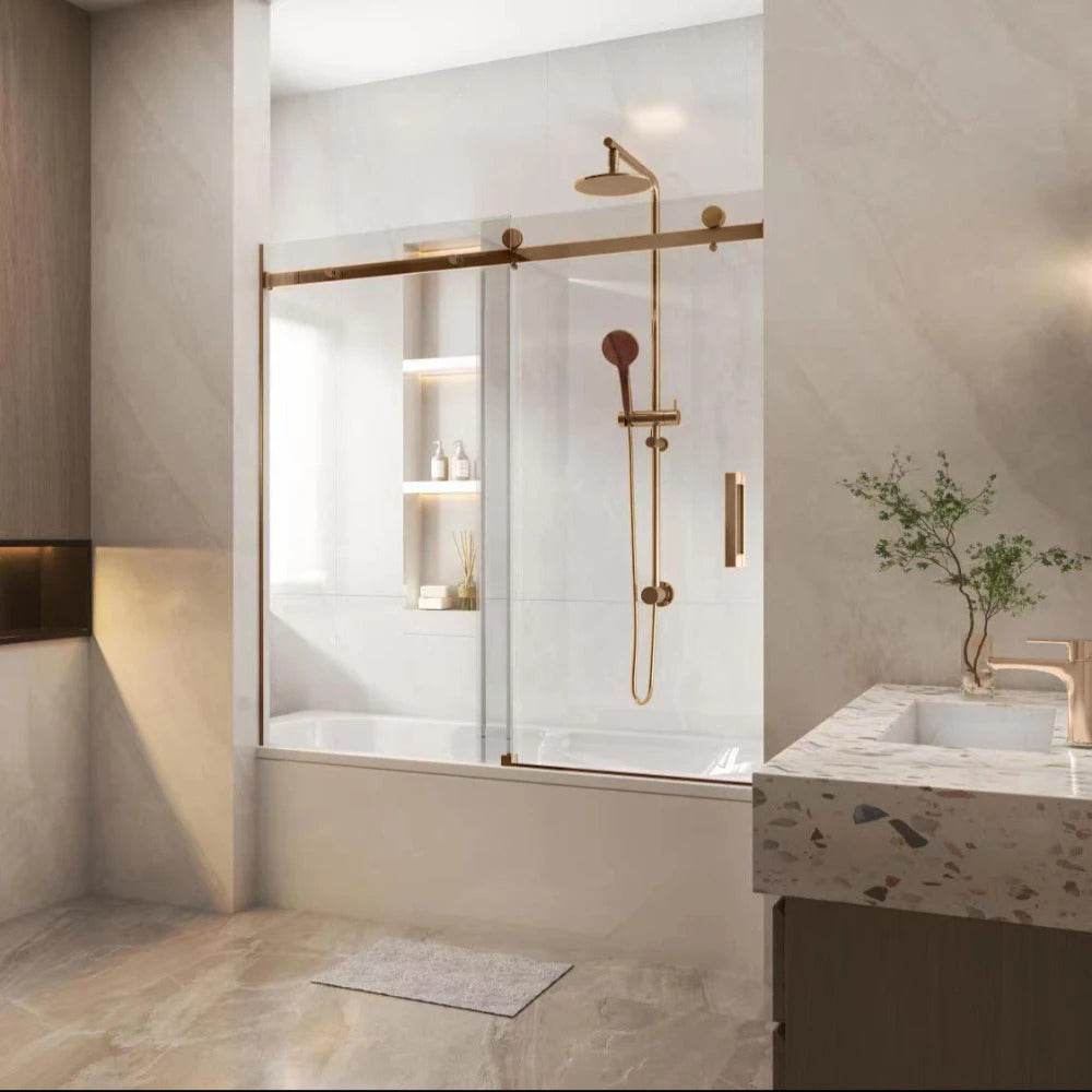 COVEY WALL TO WALL FRAMELESS SINGLE SLIDING DOOR BATH SCREEN BRUSHED BRONZE