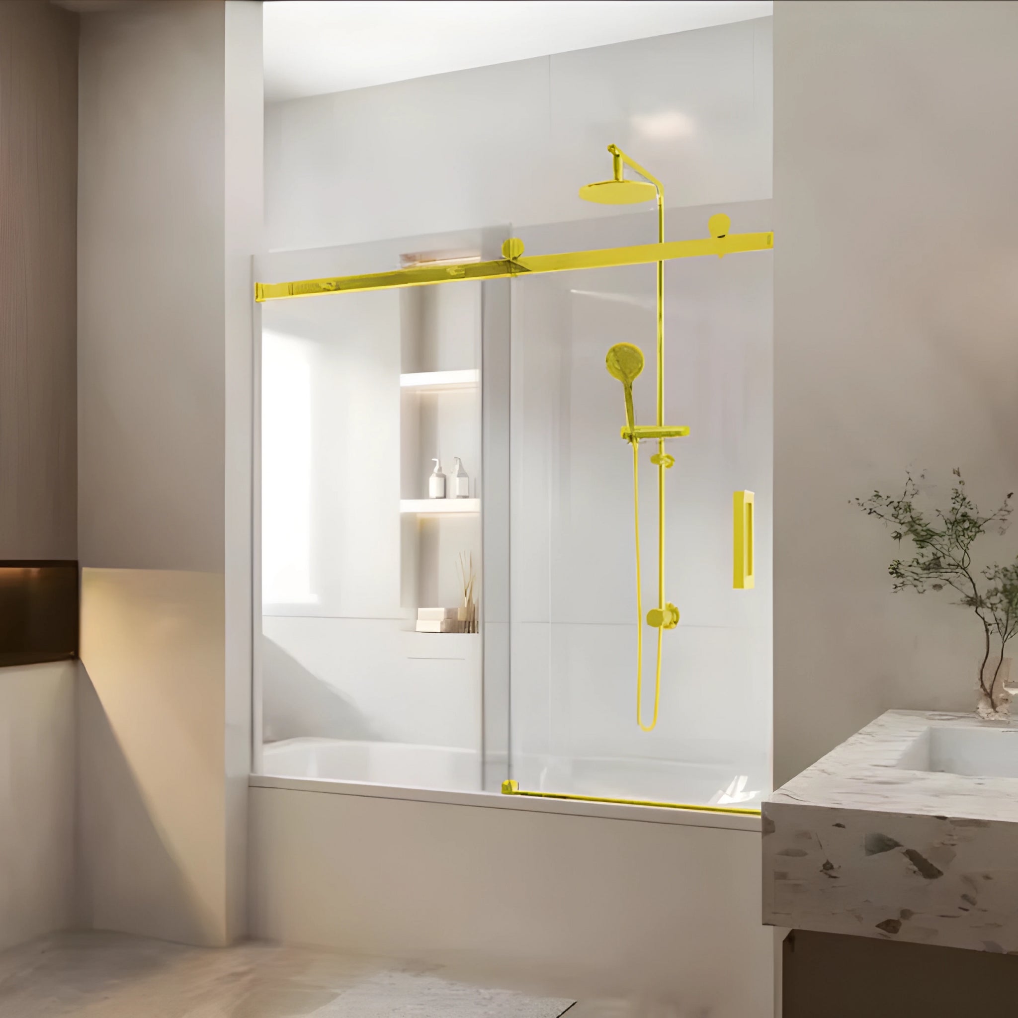 COVEY WALL TO WALL FRAMELESS SINGLE SLIDING DOOR BATH SCREEN LIGHT GOLD