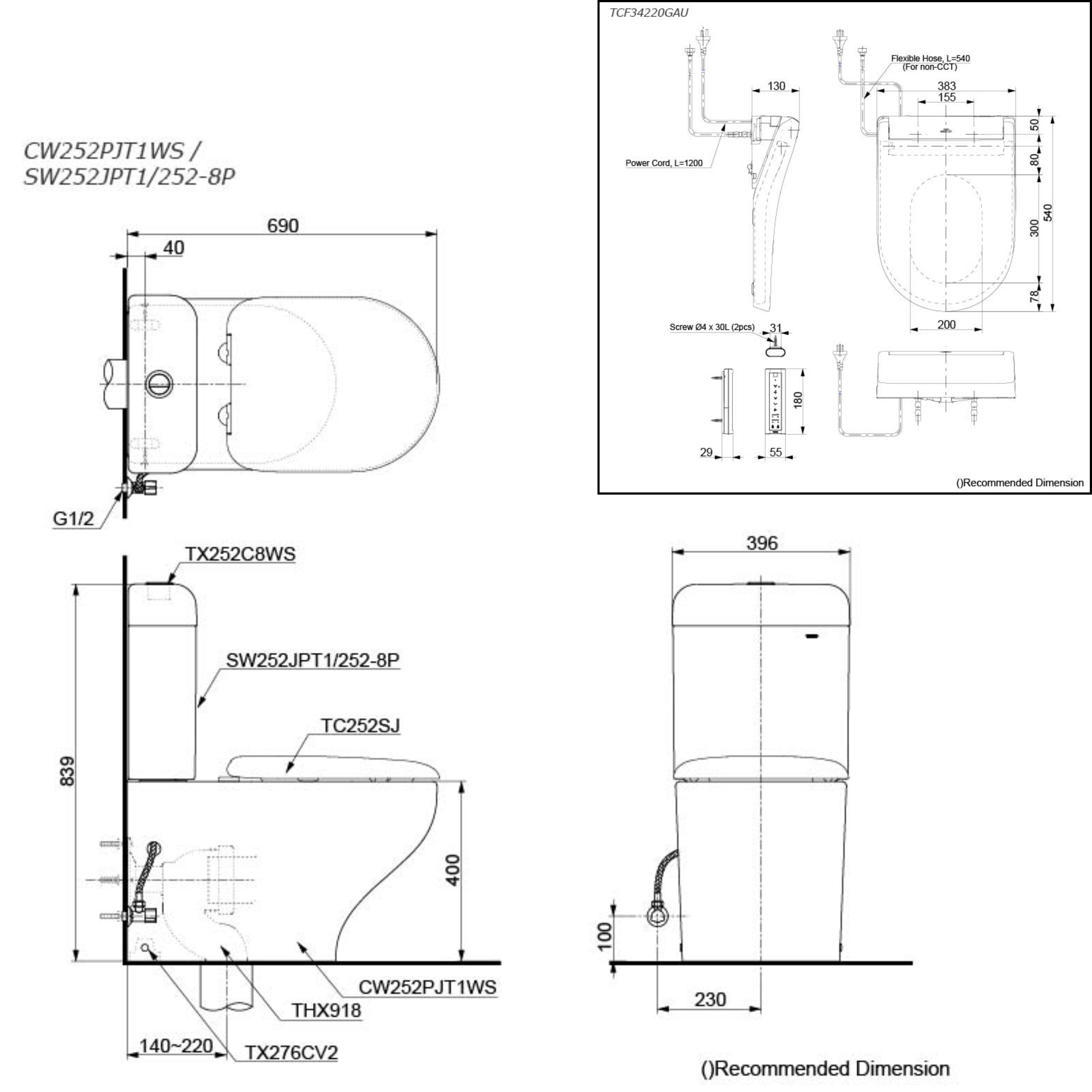TOTO HAYON CLOSE COUPLED TOILET AND S5 WASHLET W/ REMOTE CONTROL PACKAGE (D-SHAPED) GLOSS WHITE