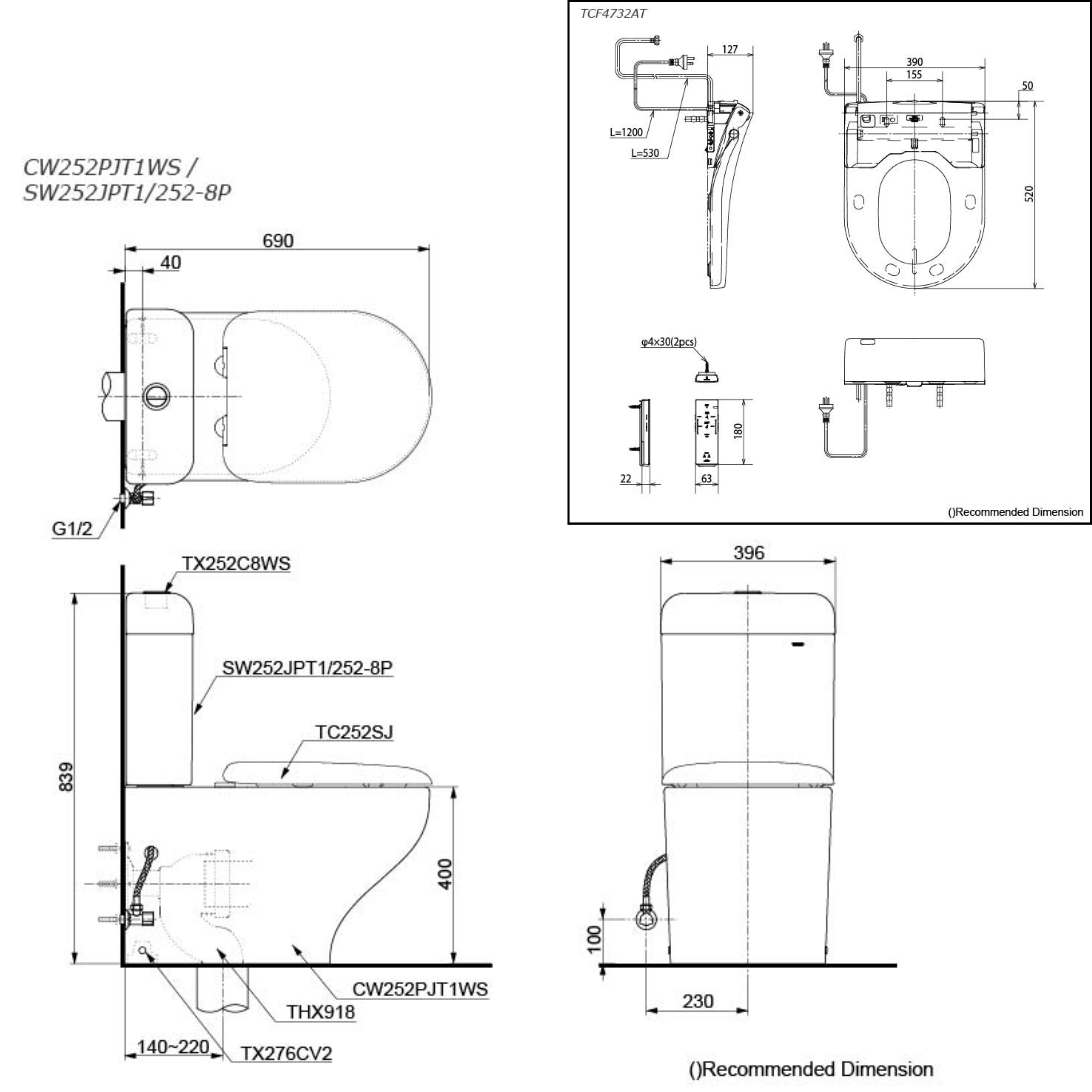 TOTO HAYON CLOSE COUPLED TOILET AND WASHLET W/ REMOTE CONTROL AND AUTOLID PACKAGE D-SHAPE GLOSS WHITE