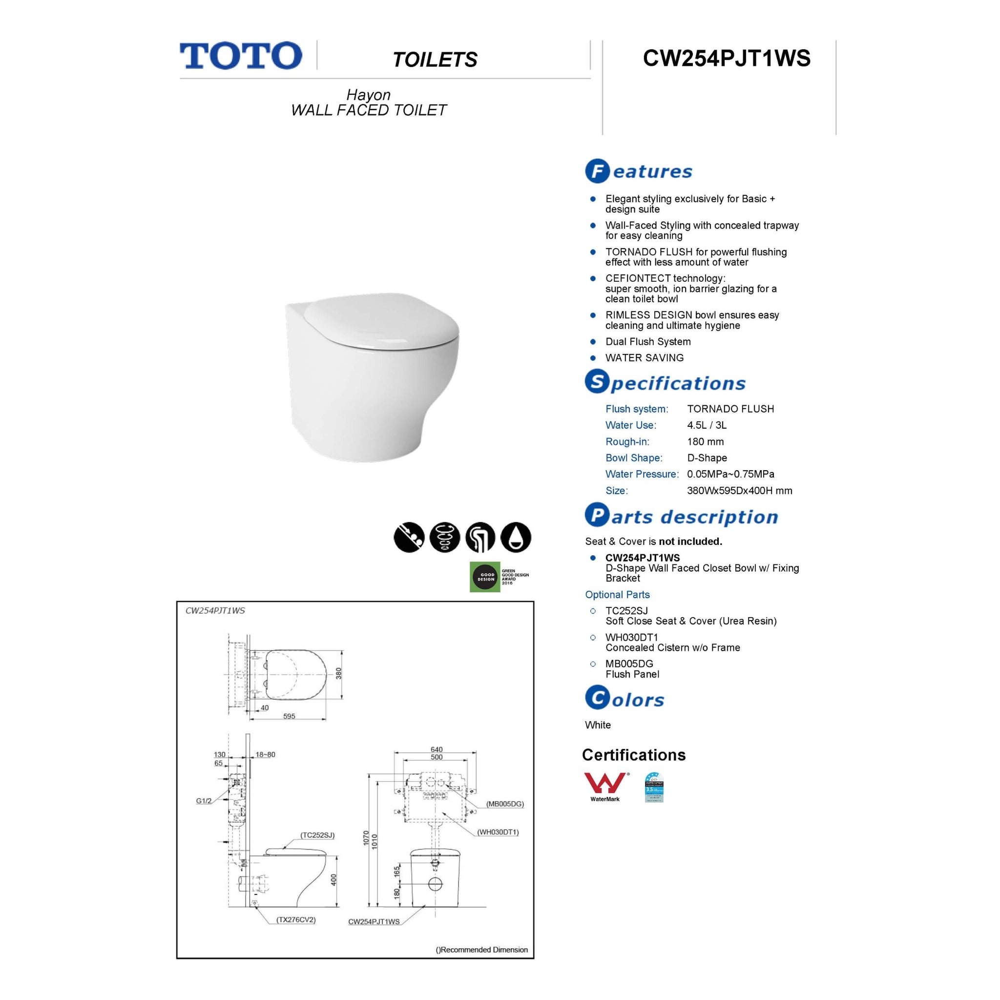 TOTO HAYON WALL FACED TOILET (D-SHAPE) GLOSS WHITE