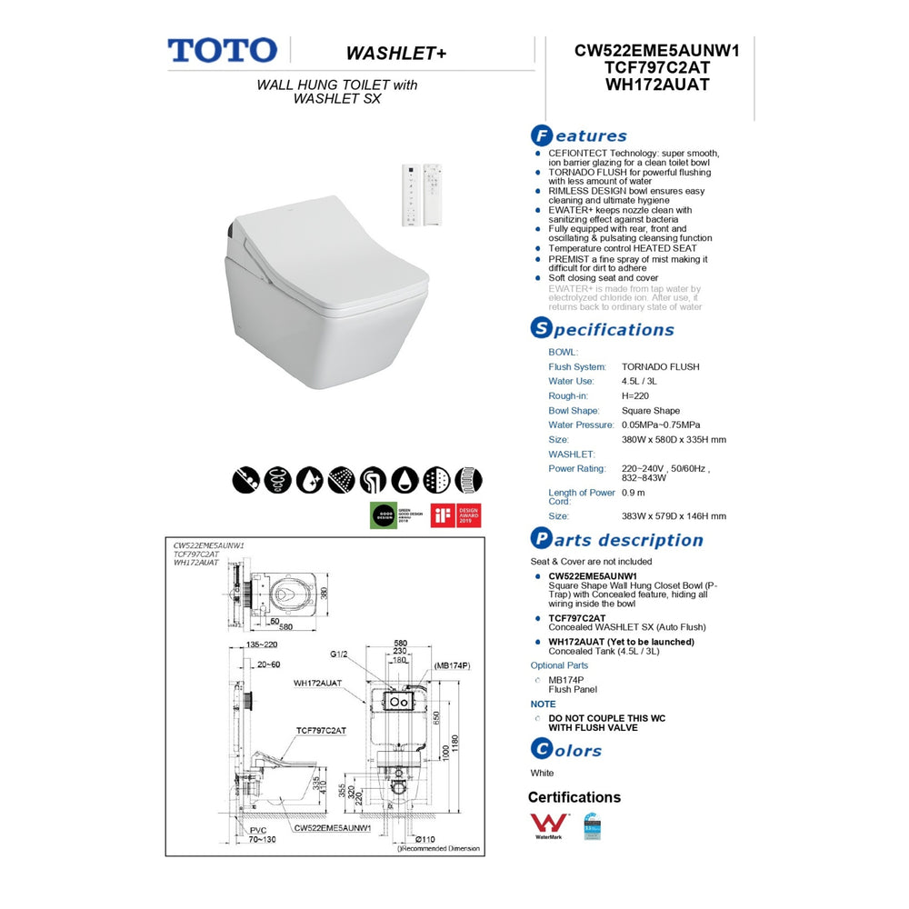 TOTO SX WALL HUNG TOILET WITH WASHLET W/ REMOTE CONTROL PACKAGE GLOSS WHITE