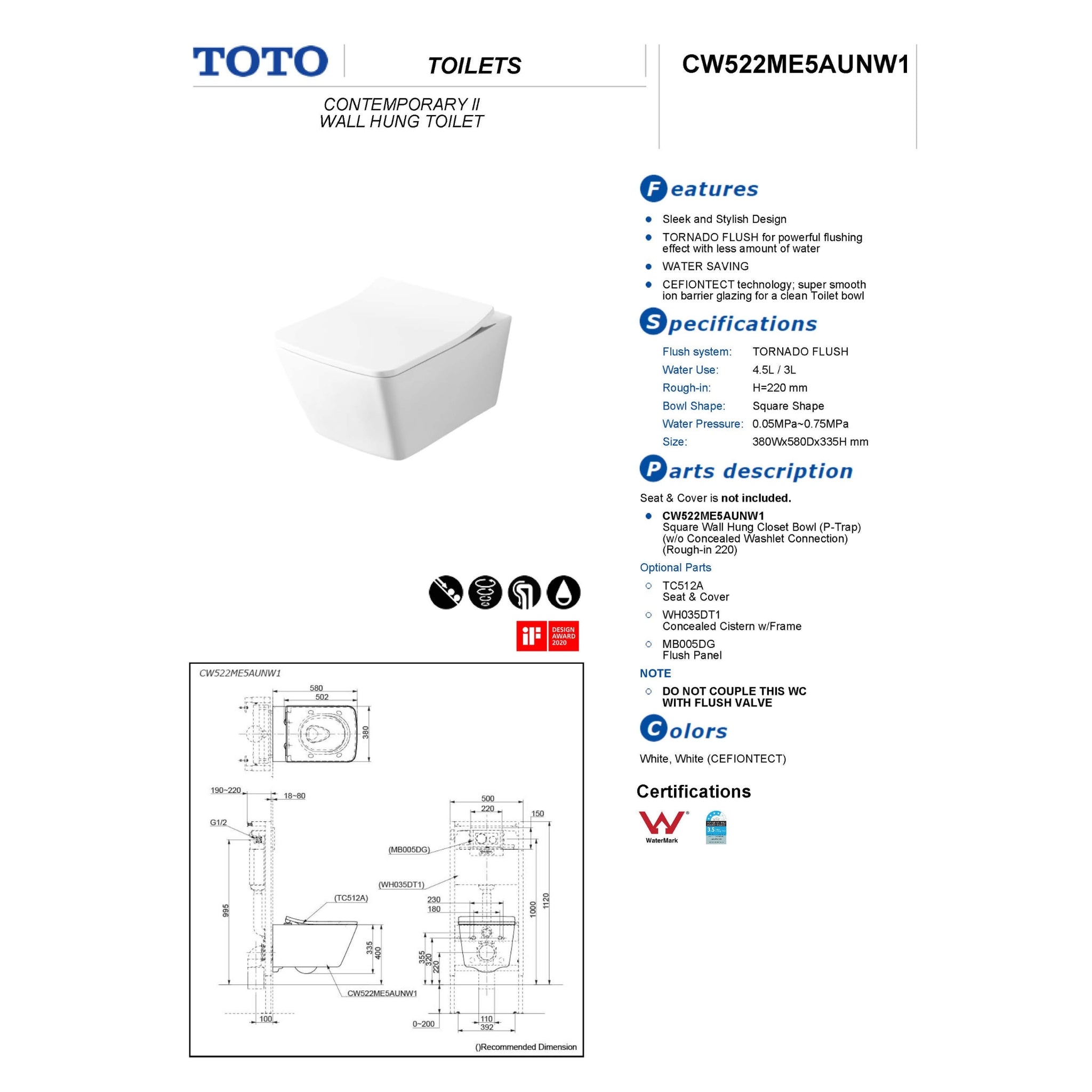 TOTO CONTEMPORARY II WALL HUNG TOILET (SQUARE SHAPE) GLOSS WHITE