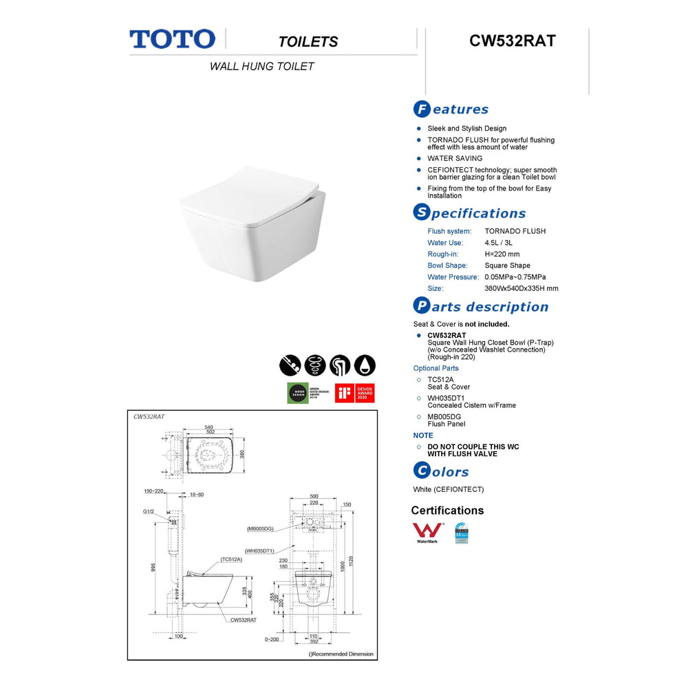 TOTO WALL HUNG TOILET GLOSS WHITE