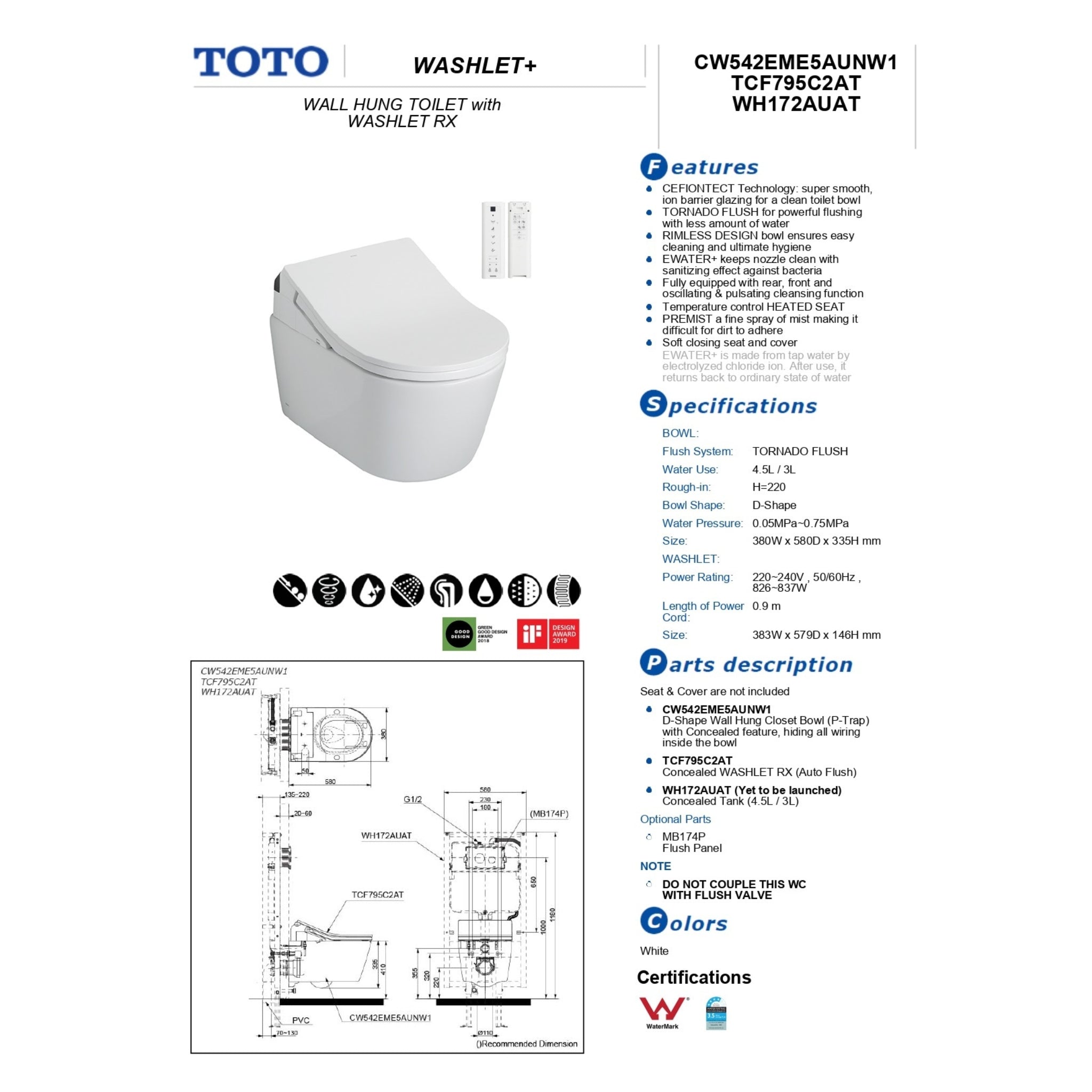 TOTO RX WALL HUNG TOILET WITH WASHLET W/ REMOTE CONTROL PACKAGE (D-SHAPE) GLOSS WHITE