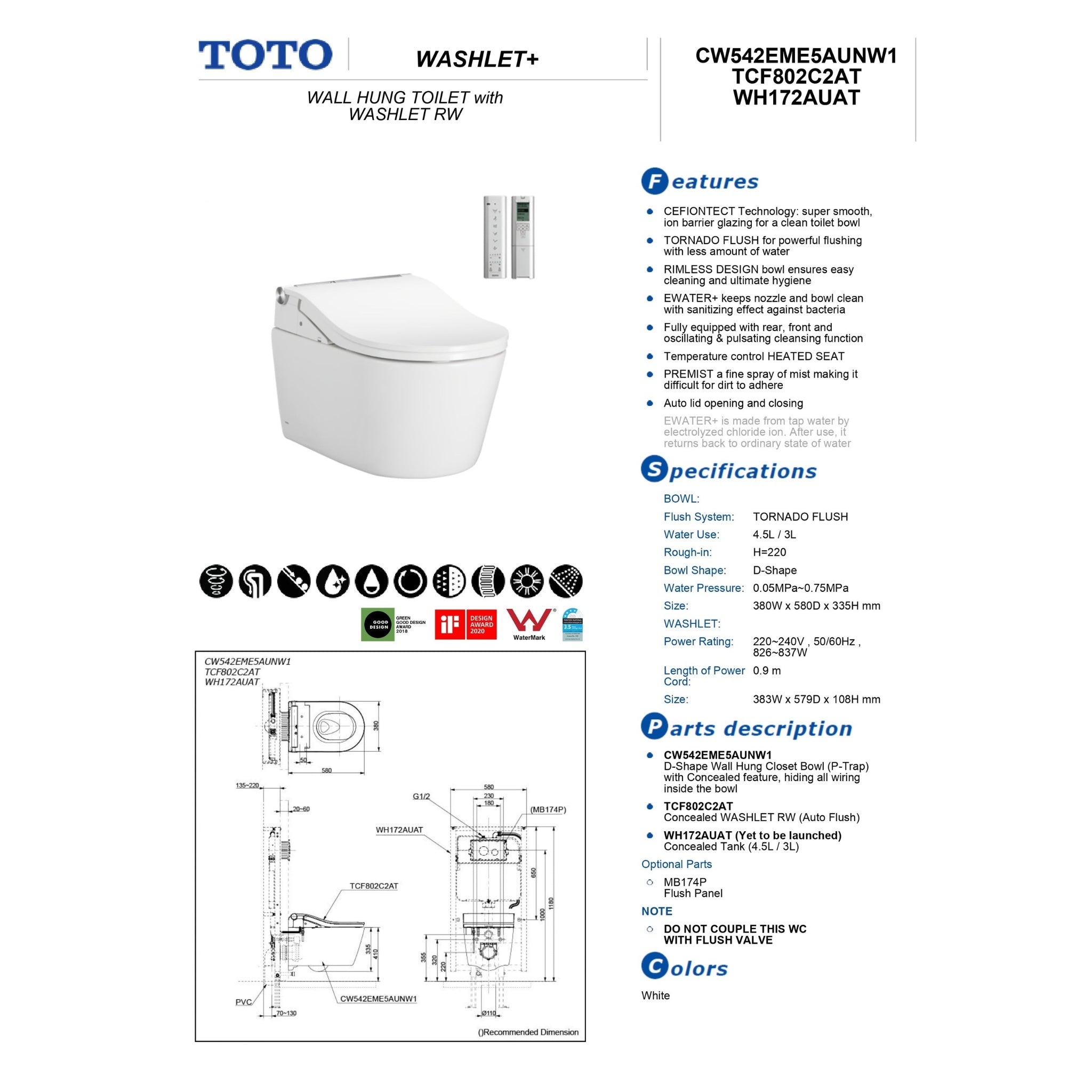 TOTO RW WALL HUNG TOILET WITH WASHLET PACKAGE W/ AUTOLID AND AUTOFLUSH (D-SHAPE) GLOSS WHITE