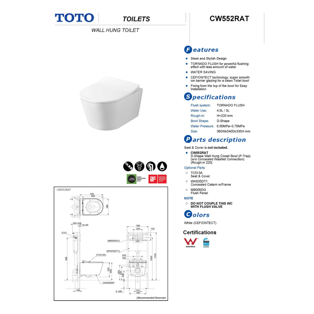 TOTO WALL HUNG TOILET (D-SHAPE) GLOSS WHITE