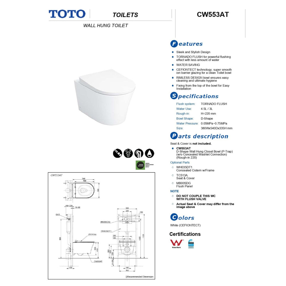 TOTO WALL HUNG RIMLESS TOILET D-SHAPE GLOSS WHITE