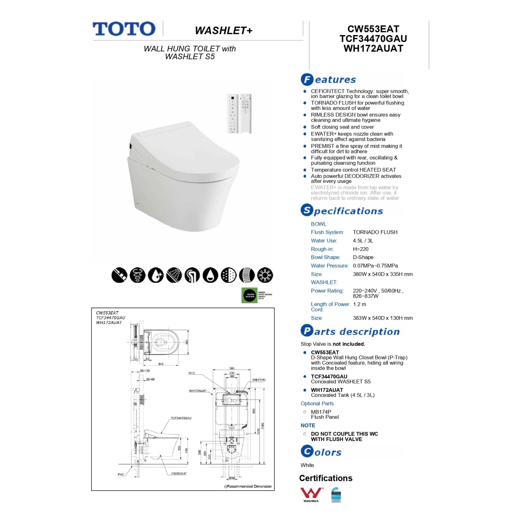 TOTO WALL HUNG RIMLESS TOILET AND S5 WASHLET W/ REMOTE CONTROL PACKAGE D-SHAPE GLOSS WHITE