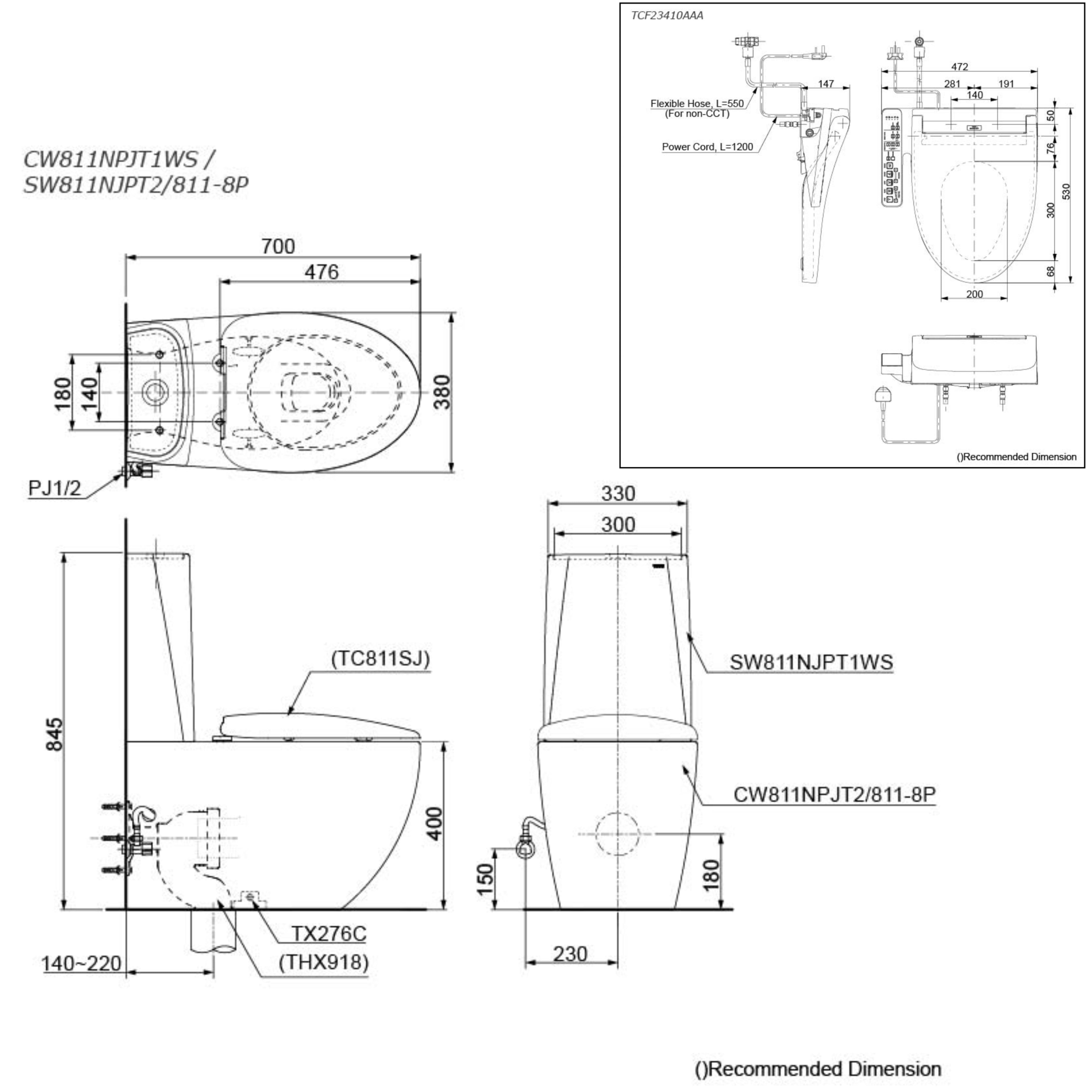 TOTO LE MUSE CLOSE COUPLED TOILET AND C2 WASHLET W/ SIDE CONTROL PACKAGE ELONGATED GLOSS WHITE