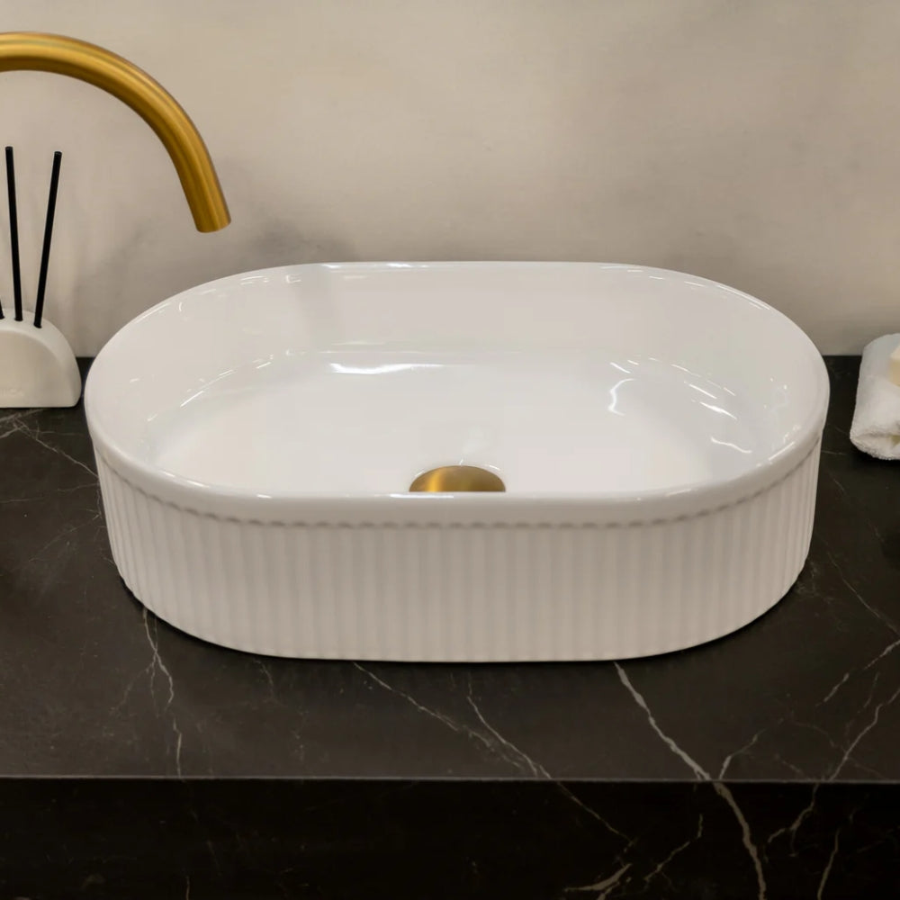 CLAYA PILL FLUTED ABOVE COUNTER BASIN GLOSS WHITE 490MM