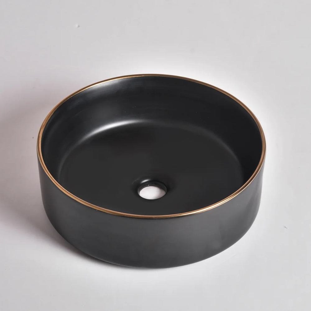 CLAYA ROUND ABOVE COUNTER BASIN MATTE BLACK GOLD RIM 360MM