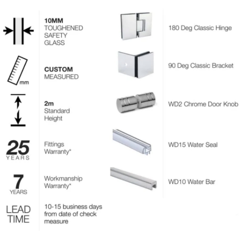 VEROTTI CUSTOM FRAMELESS 2 PANELS SHOWER SCREEN WALL-TO-WALL 1600MM