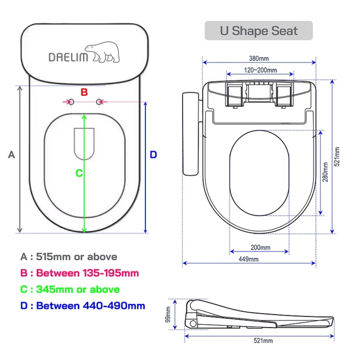 DAELIM ULTRA SLIM SMART BIDET SEAT WITH SIDE CONTROL U-SHAPED GLOSS WHITE