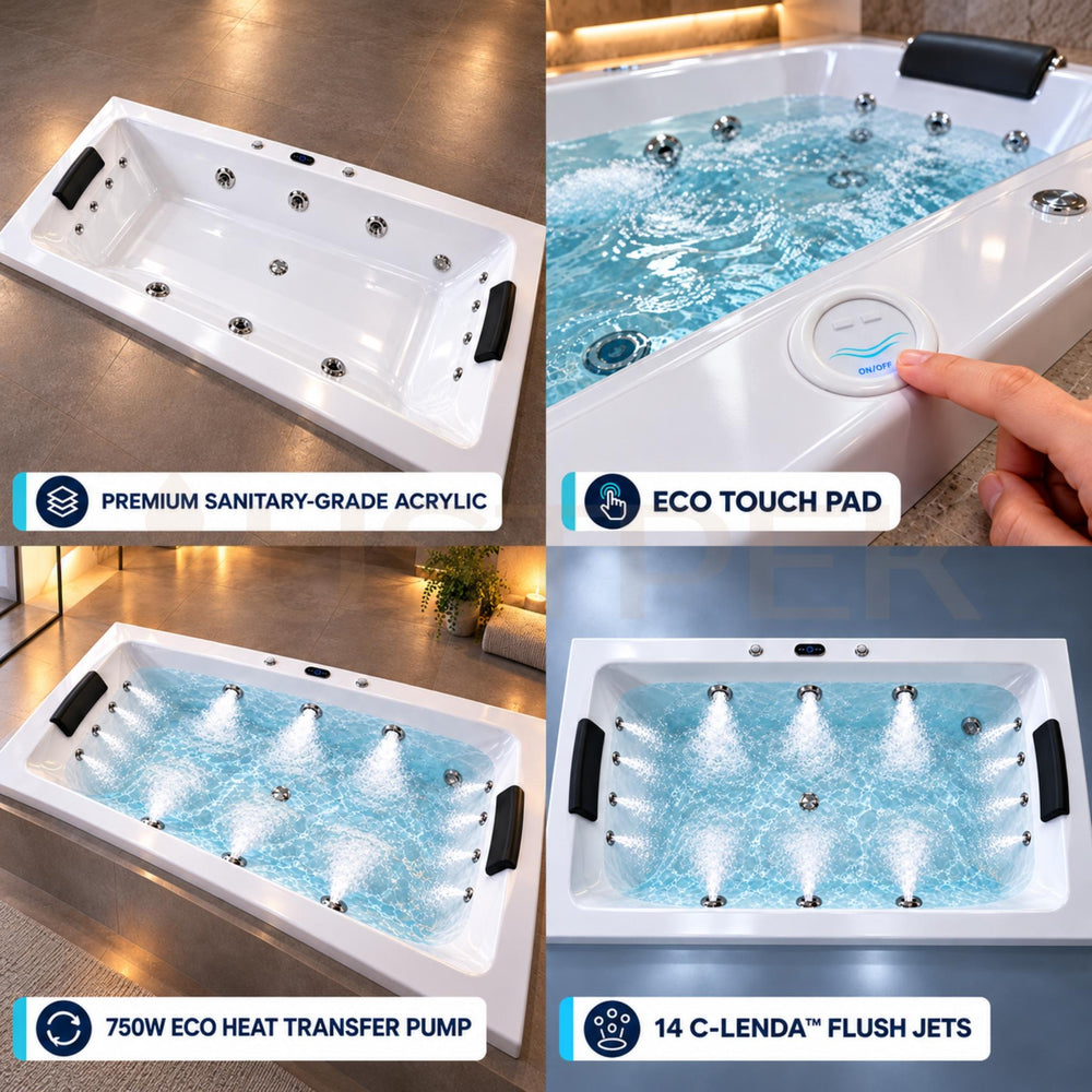 DECINA CARINA INSET CONTOUR SPA BATH GLOSS WHITE (AVAILABLE IN 1525MM, 1675MM AND 1750MM) WITH 14-JETS