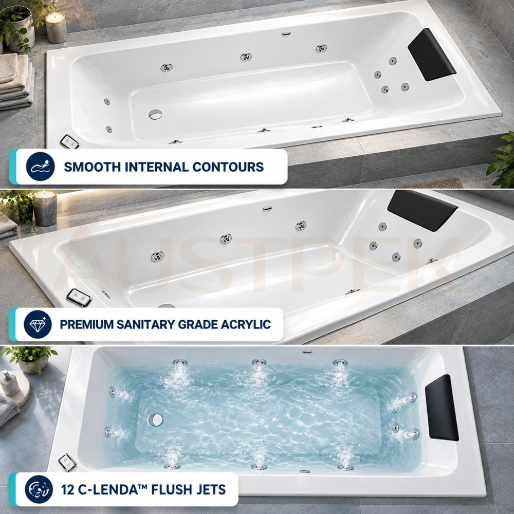 DECINA CORTEZ INSET CONTOUR SPA BATH GLOSS WHITE (AVAILABLE IN 1520MM AND 1670MM) WITH 12-JETS