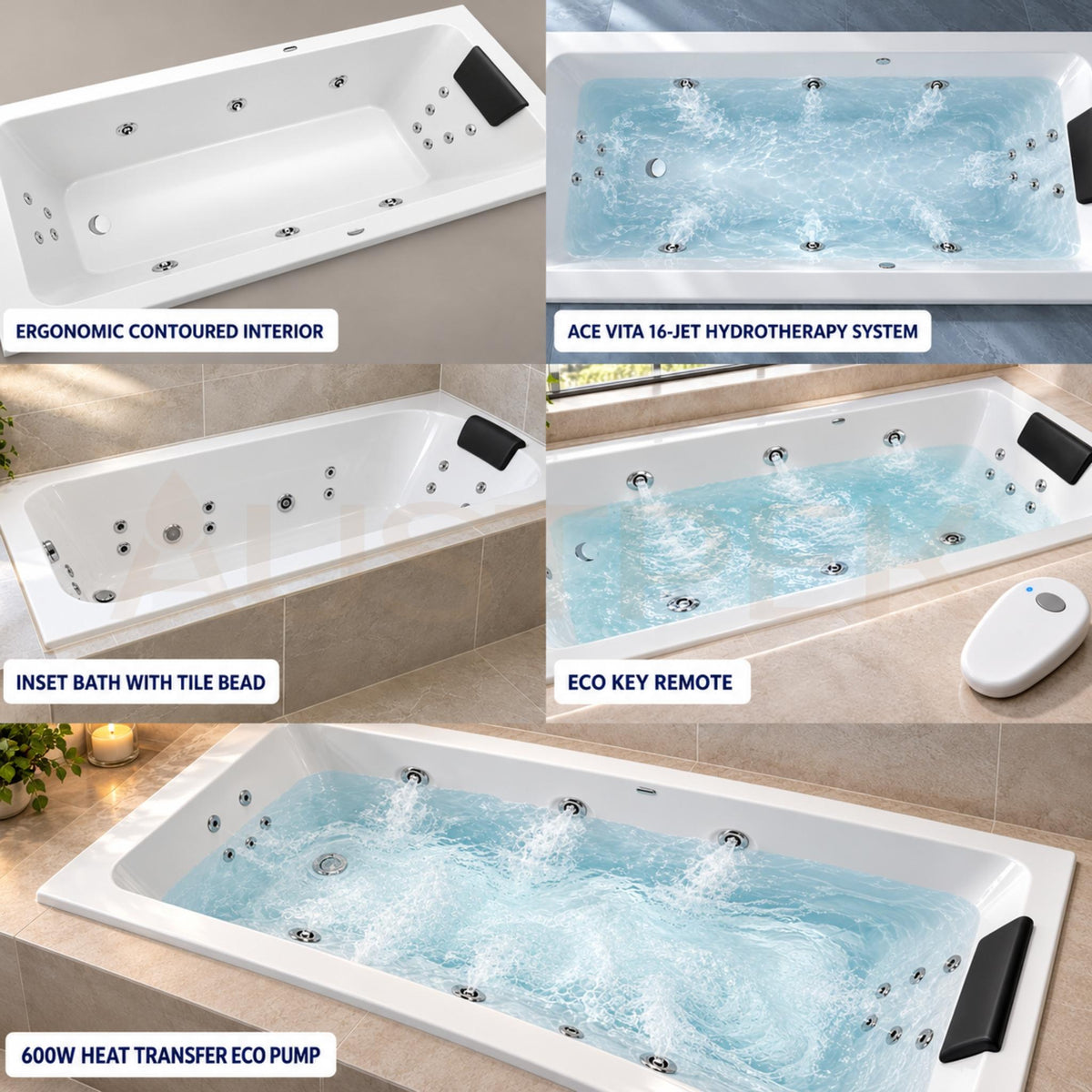 DECINA SHENSEKI INSET DOLCE VITA SPA BATH GLOSS WHITE (AVAILABLE IN 1395MM, AND 1515MM) WITH 16-JETS