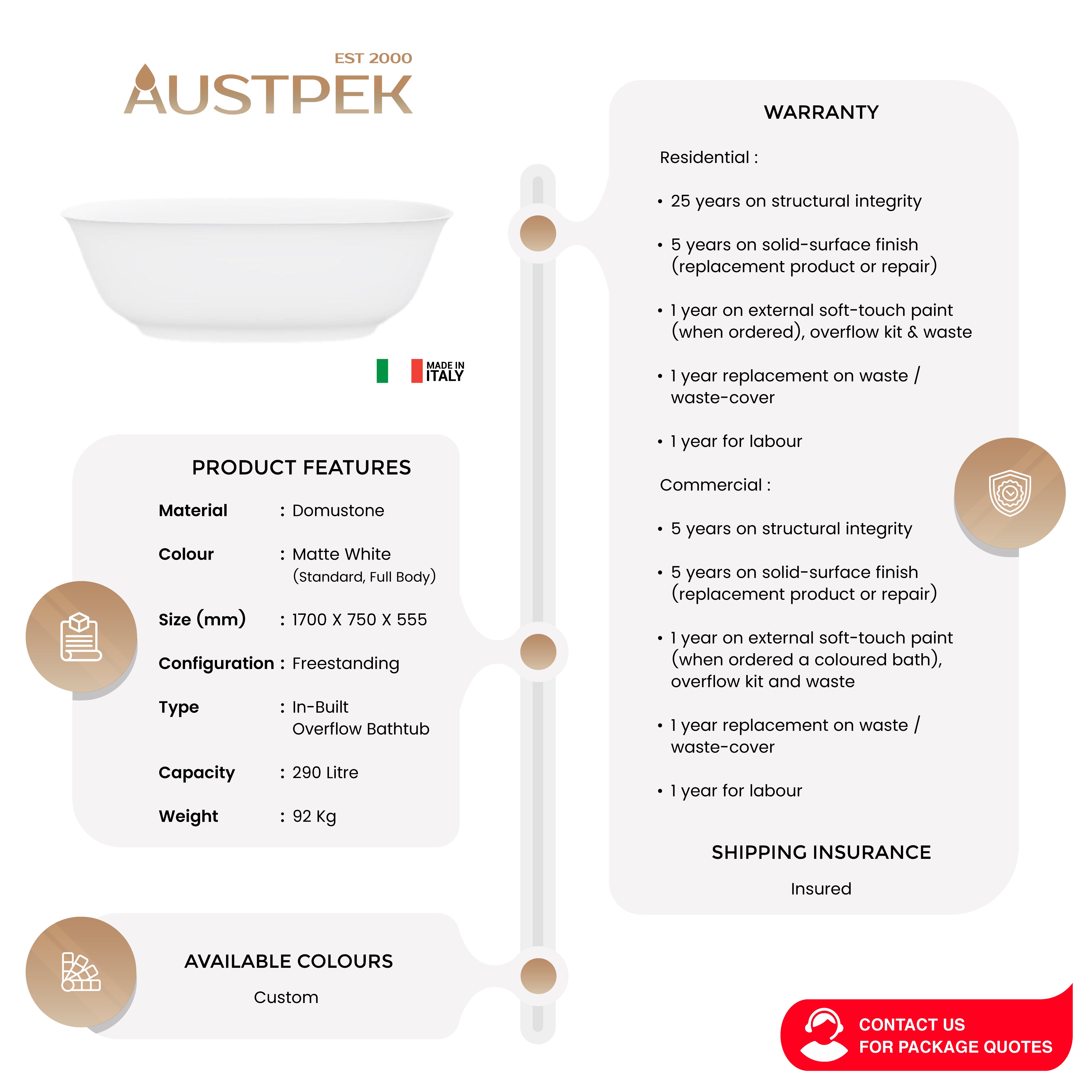 DECINA GIORGIA ISLAND/ INSET PRESSED METAL BATH GLOSS WHITE (AVAILABLE IN 1500MM AND 1700MM)