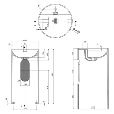 DOMUS LIVING COLONNA ROUND X FREESTANDING BASIN WITH OVERFLOW MATTE WHITE 440MM