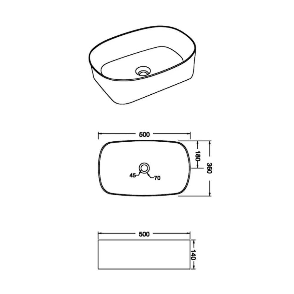 CLAYA DOVE RECTANGULAR ABOVE COUNTER BASIN GLOSS WHITE 500MM